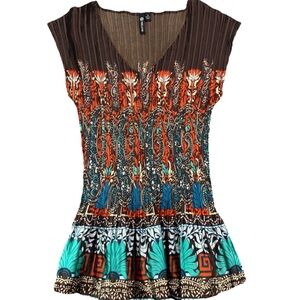 Milano Brown Pleated Shirt Print Multi Color Blouse Size M